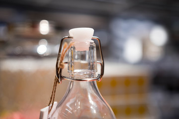 Bottle neck with cork cap cover macro close up shot. Bottle head with cork cover