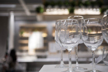 Closeup shot of wine drinking glasses top view macro blurry background