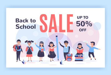 Back to school sale banner with kids. vector illustration , flat design.