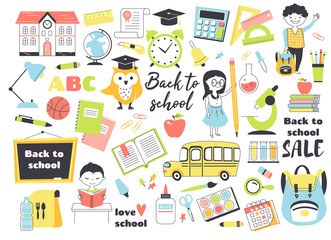 Back to school set, hand drawn elements- stationary, cute cartoon kids, backpack, books and other