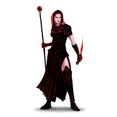 Fantasy warrior girl with staff and dagger on white background