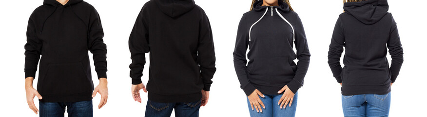 body of man and woman in black hoodie mock up set isolated on white background, black hood empty,...