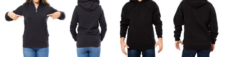 Front back and rear black sweatshirt view. Beautiful black female and male body in template clothes for print and copy space isolated on white background. Mock up