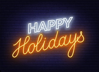 Naklejka na ściany i meble Happy holidays neon sign. Greeting card on dark background. Vector illustration.