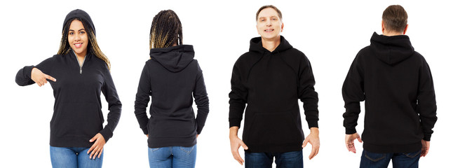 Front back and rear black sweatshirt view. Beautiful black woman and man in template clothes for print and copy space isolated on white background. Mock up