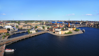 Fototapeta na wymiar Scenic aerial panoramic view of Stockholm's Old Town (Gamla Stan) and surrounding skyline, Sweden