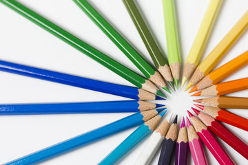 Flat lay rainbow sharpened pencils