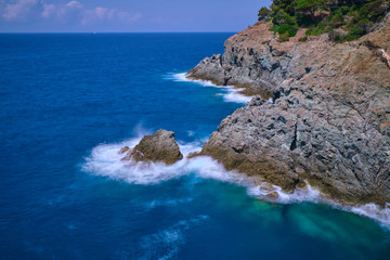  Waves crashing on the rocks. Natural Park Cinque Terre, city of Bonassola. Ligurian Sea, Liguria, Italy