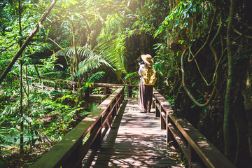 The girl travel take a photo nature on holidays. The girl with a backpack traveling in a tropical forest.