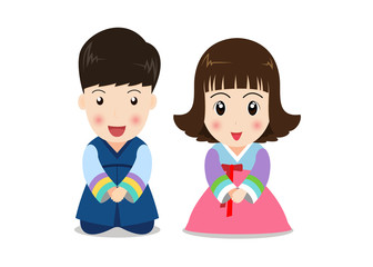 Cute cartoon couple kids in korean traditional costume on white background