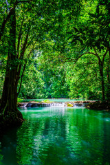 Landschapswaterval dan Bok Khorani. (Thanbok Khoranee National Park) reizen natuurpad In het vochtige bos. Natuur studie. Attracties. Thailand.