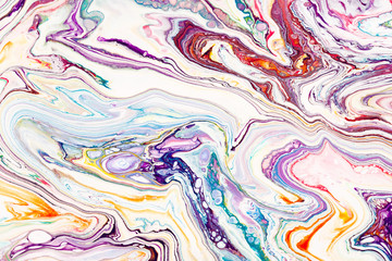Oil paint mix abstract background. Rainbow marble texture. Acrylic liquid flow colorful wallpaper. Creative violet, yellow, blue paint swirls, waves. Multicolor watercolor pattern, fluid effect.