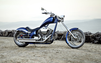 Custom blue motorcycle with a mountain range landscape background. 3d rendering