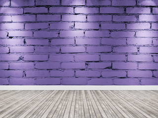 Brick wall with spotlight. Interior violet background wooden floor