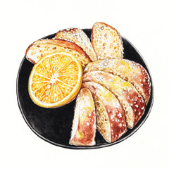 Orange rum cake.Hand water color painting on paper.
