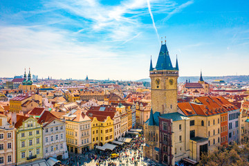 Aerial Panoramic View of Old Town of Prague, Czech Republic, Tyn Church, Clock Tower, Square  - Image