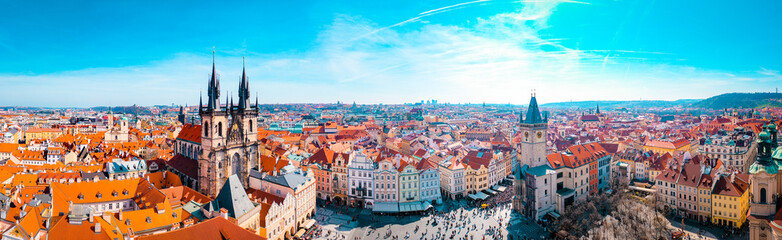 Fototapeta na wymiar Aerial Panoramic View of Old Town of Prague, Czech Republic, Tyn Church, Clock Tower, Square - Image
