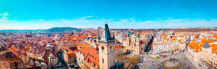 Obraz premium Aerial Panoramic View of Old Town of Prague, Czech Republic, Tyn Church, Clock Tower, Square - Image