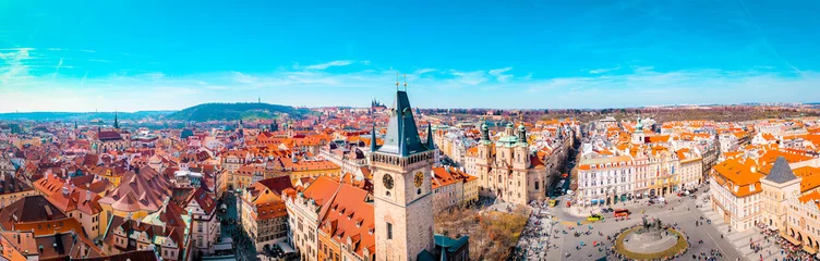 Fotobehang Aerial Panoramic View of Old Town of Prague, Czech Republic, Tyn Church, Clock Tower, Square  - Image © toyechkina