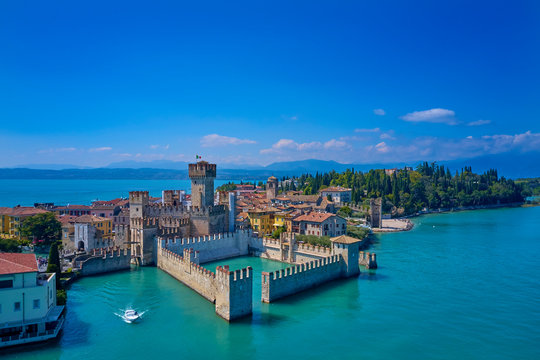 Aerial photography with drone, Rocca Scaligera Castle in Sirmione. Garda, Italy.
