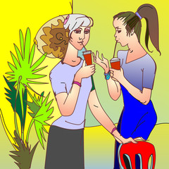 two girls in a cafe on a yellow background and palm trees