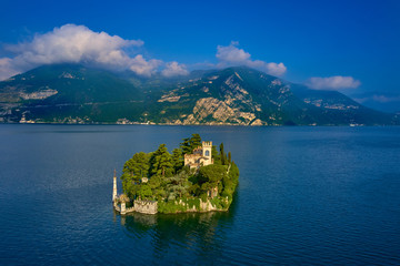 Flight on drone, aerial view of lake Iseo, Italy.