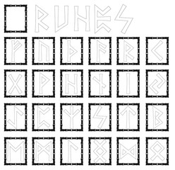 Runes. Alphabet in the form of symbols with ornaments in the Celtic style. Black frame. Vector.