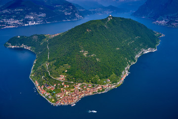 Flight on drone, aerial view of lake Iseo, Italy.