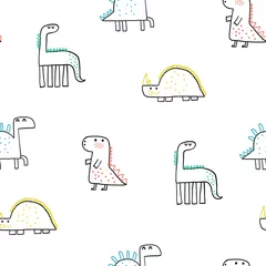 Fototapeten Baby nahtlose Muster mit handgezeichneten Dino im skandinavischen Stil. Kreativer Vektor kindischer Hintergrund für Stoff, Textil, Tapete. © bukhavets