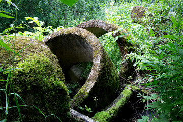 Concrete building rings for storm drainage stormwater are left in deep woods and overgrown with moss and grass