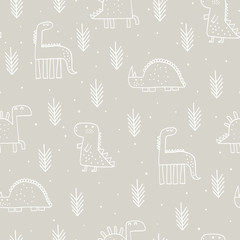 Baby seamless pattern with dinosaurs and tropical plants. Vector texture in childish style great for fabric and textile, wallpapers, backgrounds. Scandinavian style. © bukhavets