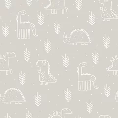 Kussenhoes Baby seamless pattern with dinosaurs and tropical plants. Vector texture in childish style great for fabric and textile, wallpapers, backgrounds. Scandinavian style. © bukhavets