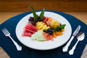 A plate of fresh fruits.