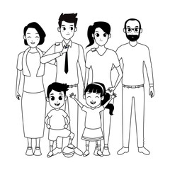 Family parents and childrens cartoons in black and white