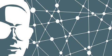 Portrait of beautiful woman in black sunglasses. Molecule and communication background. Connected lines with dots.