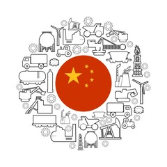 Obraz premium Concept of industrial plant and manufacture building. Energy generation and heavy industry. Brochure or cover design template. Circle frame with industrial thin line icons. Flag of the China