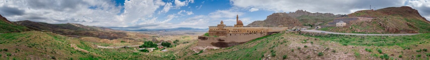 Fototapeta na wymiar Aerial view of Ishak Pasha Palace is a semi-ruined palace and administrative complex located in the Dogubeyazit, Agri province of eastern Turkey. Ottoman, Persian, and Armenian architectural style