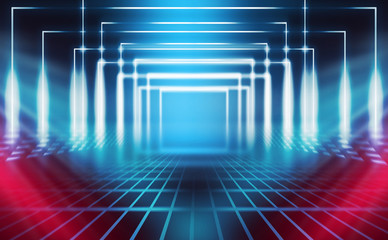 Empty background scene. Dark reflection of the street on the wet asphalt. Rays of blue and red neon light in the dark, neon figures, smoke. Background of empty stage show. Abstract dark background.