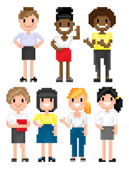 Pixel art game characters vector, woman with fancy hairstyle, lady holding book, 8 bit secretary wearing formal clothing, pixelated portrait of people smiling friends