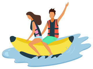 Man and woman riding on inflatable banana on sea, waters splashes isolated. Husband and wife in aquapark, leisure activity, extreme recreation attractions