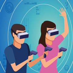 virtual reality technology experience cartoon on blue digital background