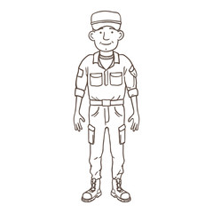Vector Outline Young Man in Military Uniform. Soldier Character.