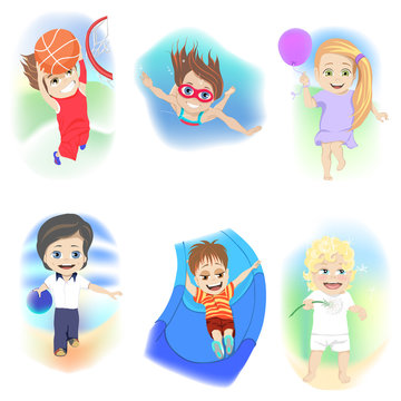 Set of six young children enjoying a variety of different recreational activities bowling, swimming, basketball, partying, dancing, playground slide and nature in cute vector illustrations