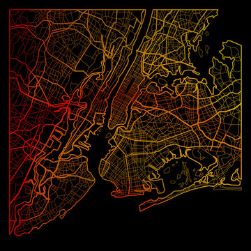Color New York City map silhouette isolated on black background