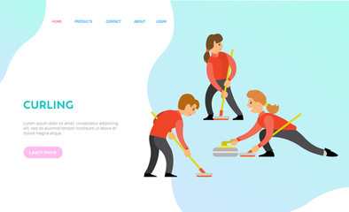 Fototapeta na wymiar Curling vector, game participants, people playing in team together, competition of man and woman wearing uniforms and holding wooden sticks. Website or webpage template, landing page flat style