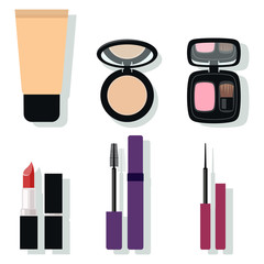 Makeup kit. Foundation, powder, blush, lipstick, mascara and eyeliner