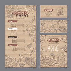 Naklejka premium Beer bar menu and card templates featuring beer mug, hop branch, wheat, chips, chicken wings and snack plate.