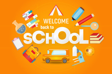 Welcome Back to School Banner with School Supplies, Education Elements and Big White Paper Letters. Vector Illustration.