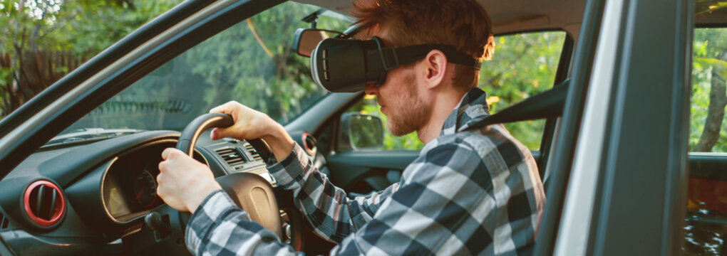 driver using vr glasses in his car,future driving concept