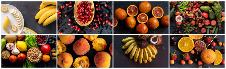 collage of photos with fresh raw fruits and berries, healthy diet food